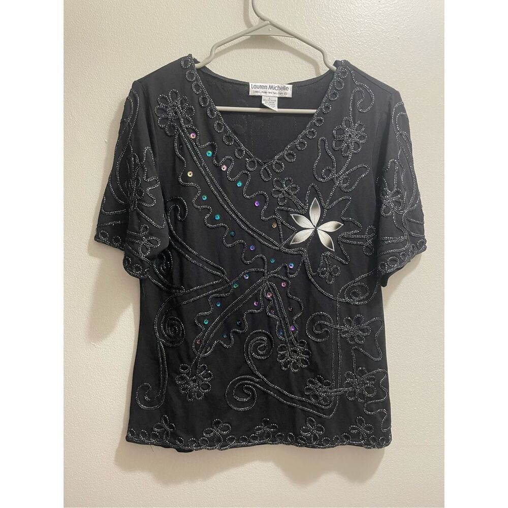 Lauren Michelle Size Large Black Embroidered Floral Short Sleeve Womens Top